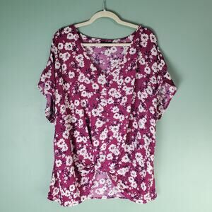Cameo Appearance Womens Purple White Floral V-Neck Short Sleeve Top Size 1X